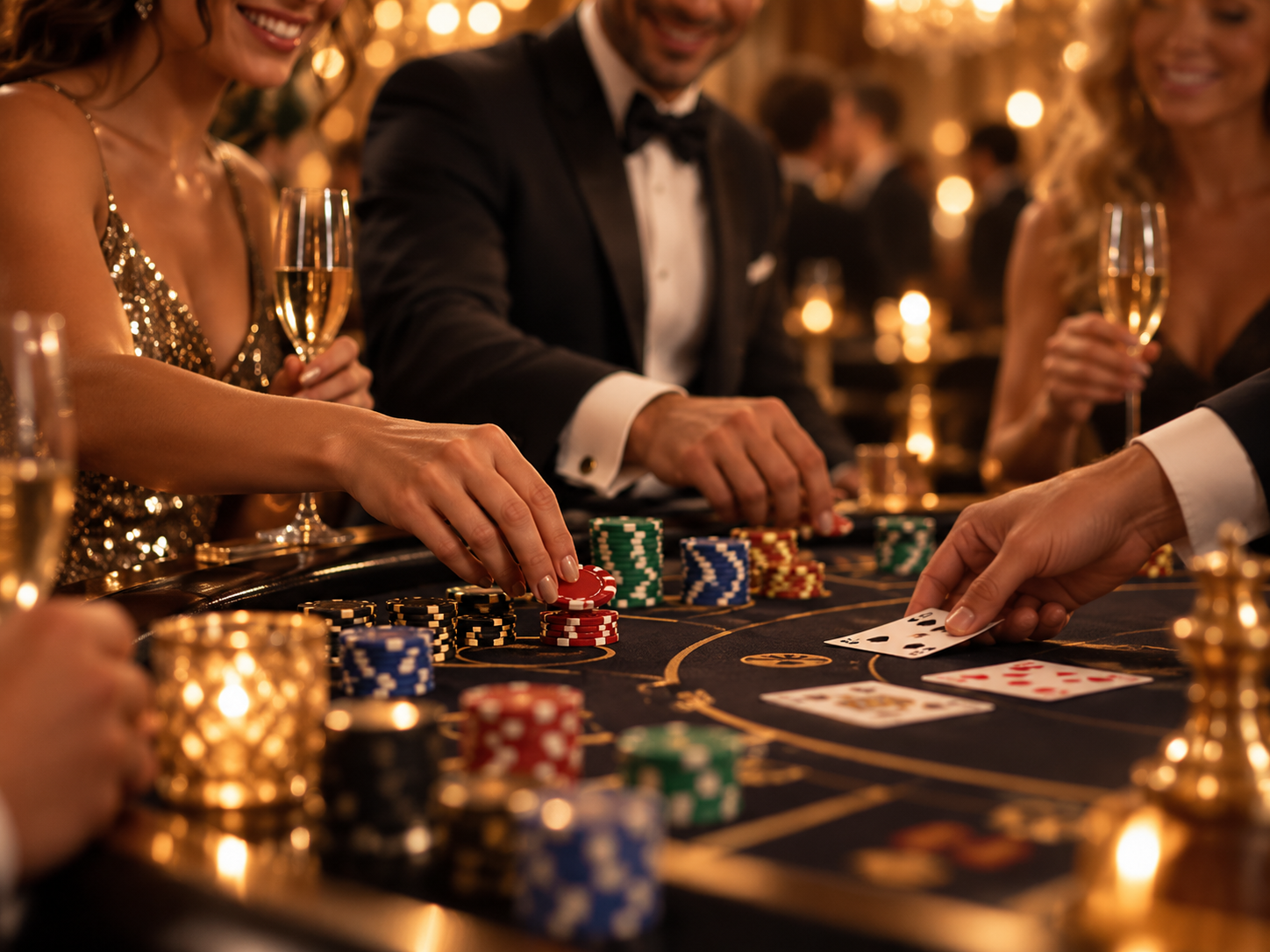 Invités jouant autour d’une table de cartes avec jetons et champagne